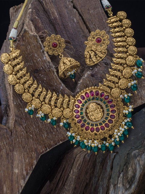 

Alankruthi Gold-Plated Pink & Green Stone-Studded & Beaded Temple Jewellery Set