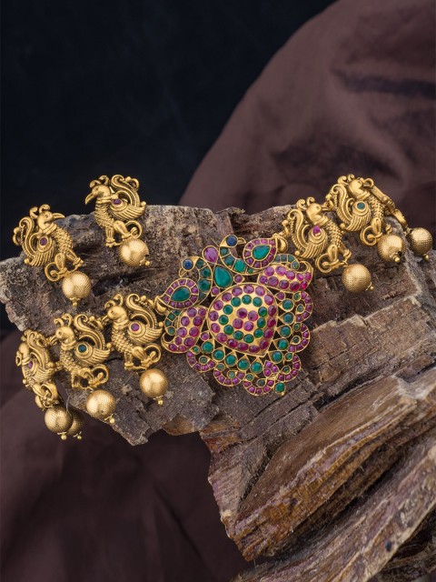 

Alankruthi Women Gold-Plated Magenta Stone-Studded Beaded Temple Jewellery Set