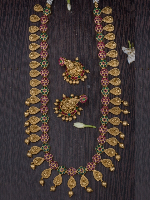 

Alankruthi Gold-Plated Pink & Green Stone-Studded Temple Jewellery Set