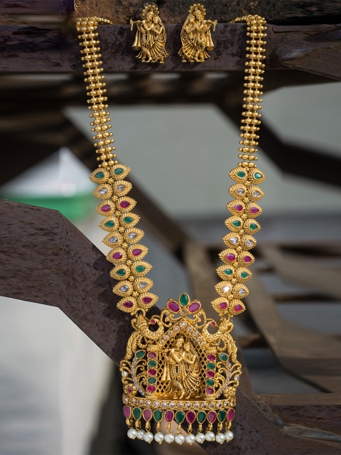 

Alankruthi Gold-Plated Pink & Green Stone-Studded & Beaded Temple Jewellery Set