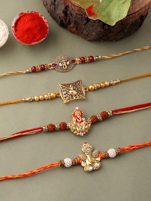 

Voylla Unisex Set of 4 Stone-Studded Beaded Wooden Ganesha Rakhi Squad Rakhi, Red
