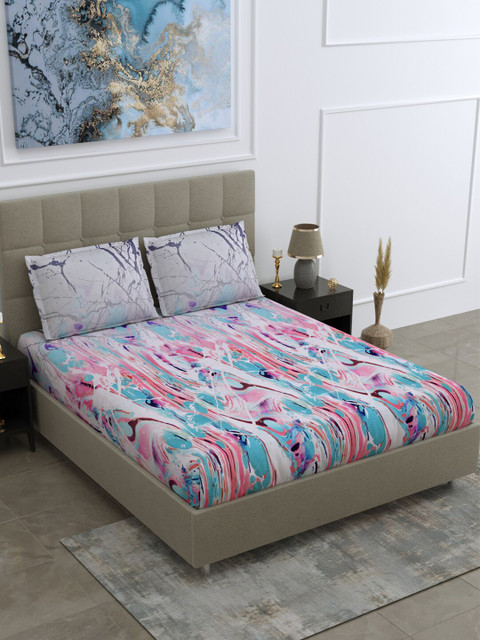 

BOMBAY DYEING Blue & White Graphic 180 TC Cotton King Bedsheet with 2 Pillow Covers