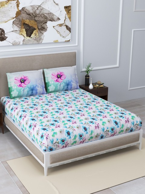 

BOMBAY DYEING White & Blue Floral 160 TC Cotton King Bedsheet with 2 Pillow Covers