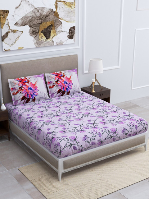 

BOMBAY DYEING Purple & Off White Floral 160 TC Cotton King Bedsheet with 2 Pillow Covers