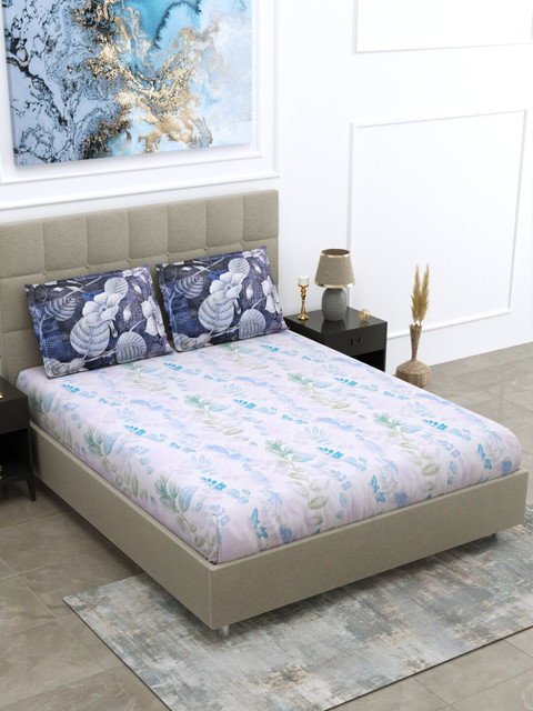 

BOMBAY DYEING Blue & Green Floral 160 TC Cotton King Bedsheet with 2 Pillow Covers
