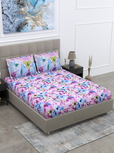 

BOMBAY DYEING Blue & Pink Floral 160 TC Cotton King Bedsheet with 2 Pillow Covers