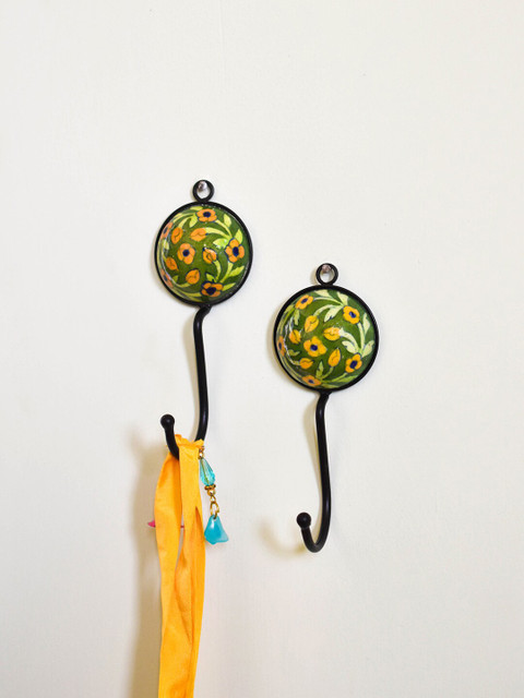 

Neerja Set Of 2 Green & Yellow Blue Pottery Handmade Hook Wall Hooks