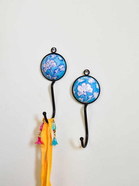 

Neerja Set Of 2 Turquoise Blue & White Handmade Single Hook Wall Hooks