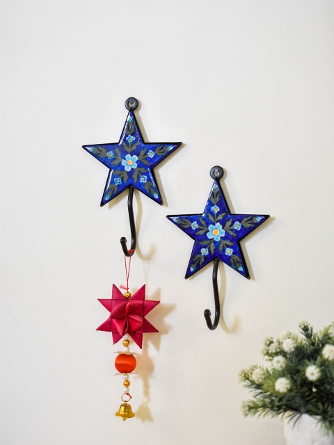 

Neerja Set Of 2 Blue & Green Handmade Pottery Wall Star Shape Hooks