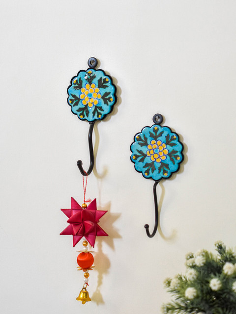 

Neerja Set Of 2 Turquoise Blue & Yellow Handmade Single Hook Wall Hooks