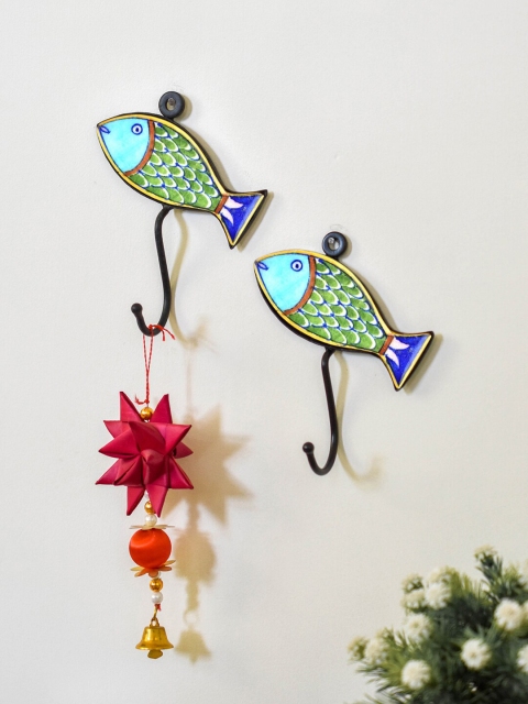 

Neerja Set Of 2 Green & Turquoise-Blue Handmade Pottery Iron Wall Fish Shape Hooks