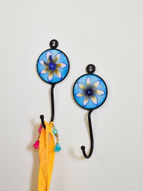 

Neerja Set Of 2 Turquoise-Blue & White Handmade Pottery Wall Round Flat Hooks