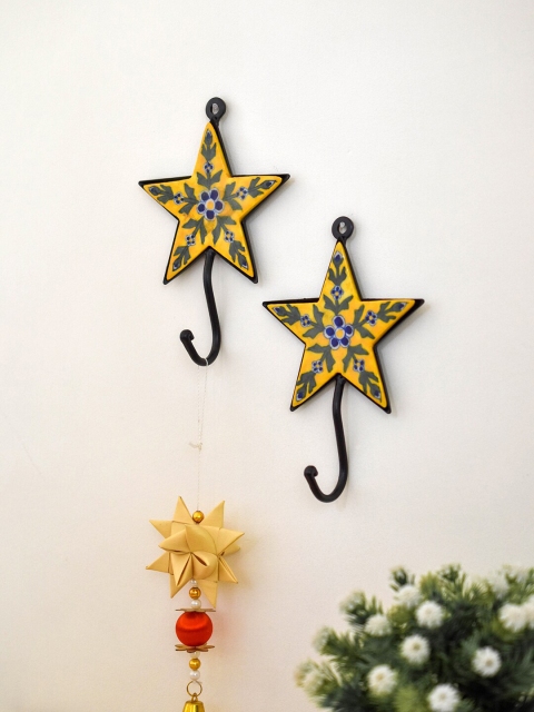 

Neerja Set Of 2 Yellow & Blue Handmade Pottery Wall Star Shape Hooks