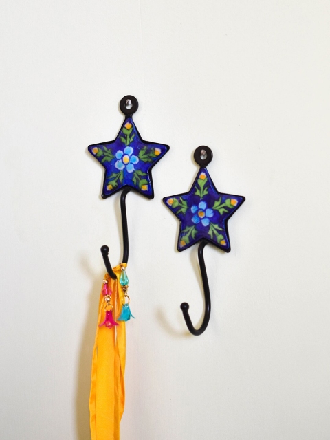 

Neerja Set Of 2 Blue & Green Handmade Pottery Wall Star Shape Hooks
