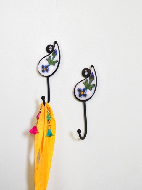 

Neerja Set Of 2 White & Green Handmade Pottery Paisley Wall Hooks