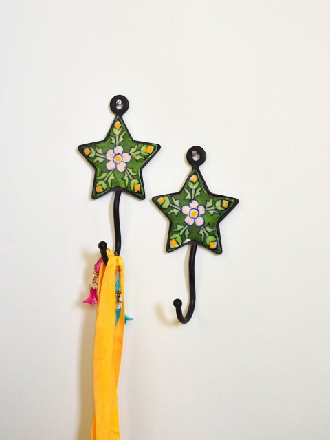 

Neerja Set Of 2 Green & Pink Handmade Single Hook Wall Hooks