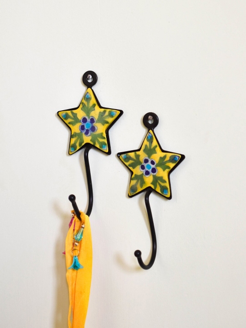 

Neerja Green & Yellow Handmade Star Shape Pottery Wall Hooks