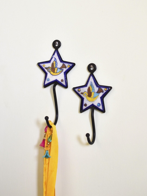 

Neerja Set Of 2 White & Blue Handmade Pottery Star Wall Hooks