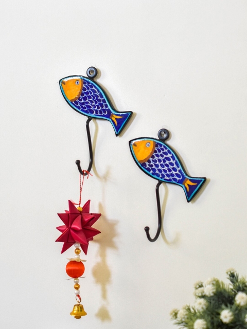 

Neerja Set Of 2 Yellow & Blue Handmade Pottery Wall Fish Shape Hooks