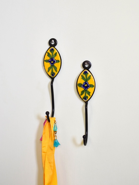 

Neerja Set Of 2 Yellow & Green Handmade Pottery Single Hook Wall Hooks