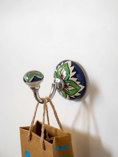 

Neerja Multicolorred Handmade Floral Design Ceramic Round Wall Hook, Multi