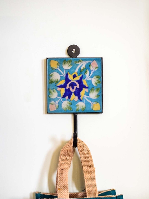 

Neerja Turquoise Blue & White Handmade Pottery Wall Tile Hook