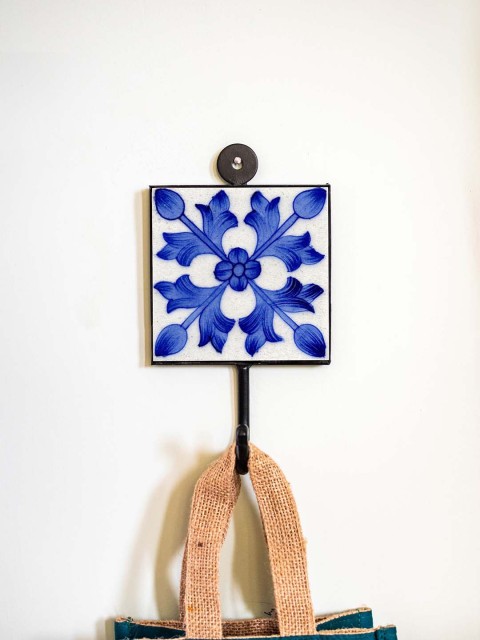 

Neerja White & Blue Handmade Pottery Wall Tile Hook