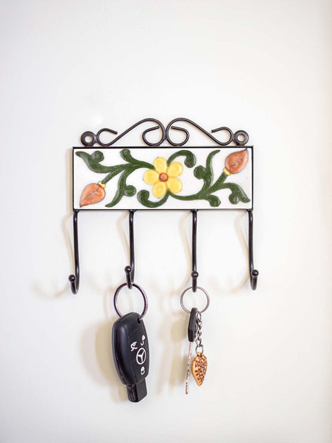 

Neerja White & Green Handmade Pottery Wall Tile Hook