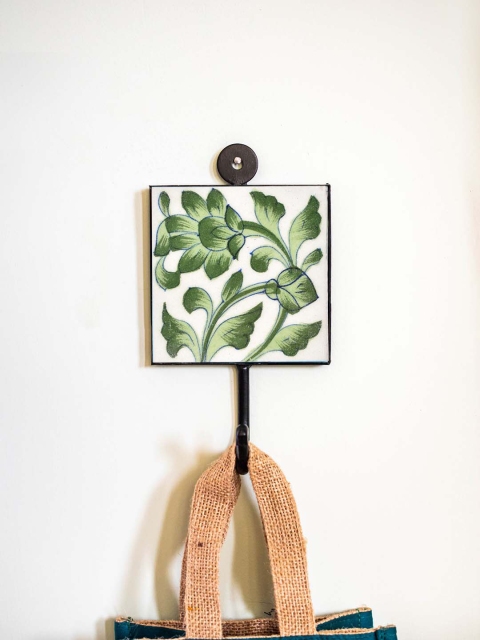 

Neerja White & Green Handmade Pottery Wall Tile Hook