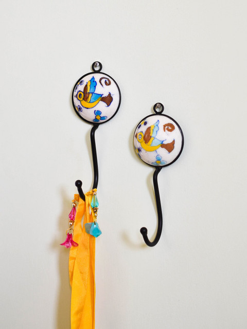 

Neerja Set Of 2 White & Yellow Pottery Handmade Single Hook Wall Hooks