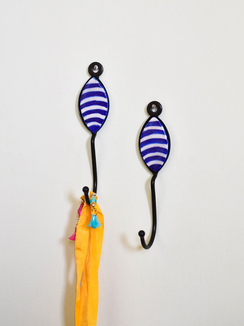 

Neerja Set Of 2 Blue & White Handmade Pottery Wall Tile Hooks