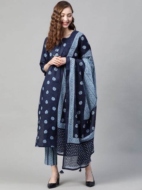 

PIROH Women Navy Blue Printed Pure Cotton Kurta with Trousers & Dupatta