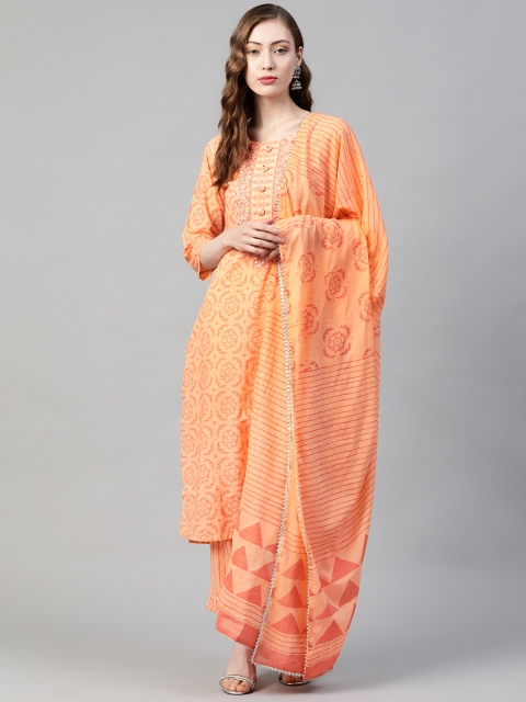 

PIROH Women Peach-Coloured Printed Gotta Patti Pure Cotton Kurta with Trousers & Dupatta