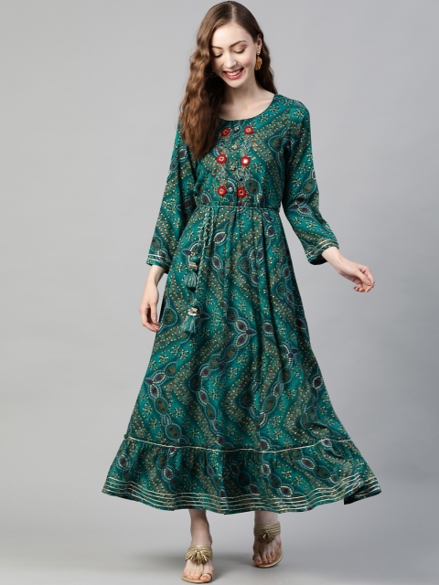 

PIROH Teal Green & Mustard Yellow Bhandani Print Ethnic Maxi Dress
