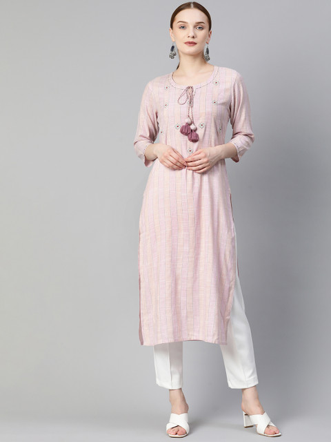

PIROH Women Pink & Beige Striped Pure Cotton Keyhole Neck Thread Work Kurta