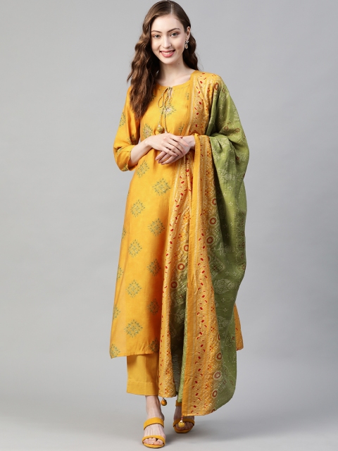 

PIROH Women Mustard Yellow & Golden Ethnic Motifs Printed Kurta with Trousers & Dupatta