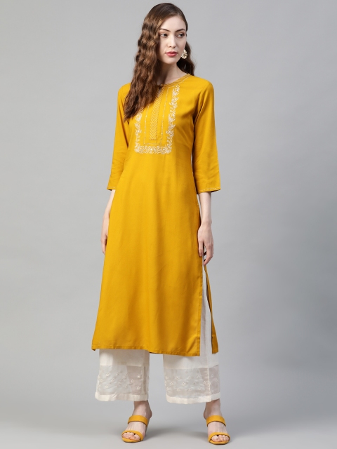 

PIROH Women Mustard Yellow Ethnic Motifs Yoke Design Keyhole Neck Straight Kurta