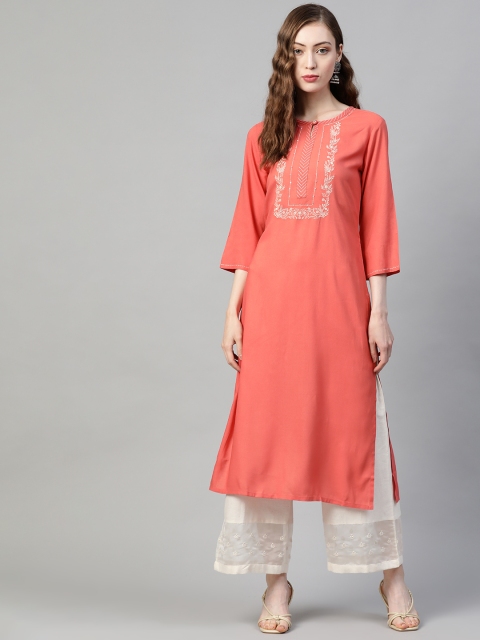 

PIROH Women Coral Pink Ethnic Motifs Yoke Design Keyhole Neck Straight Kurta