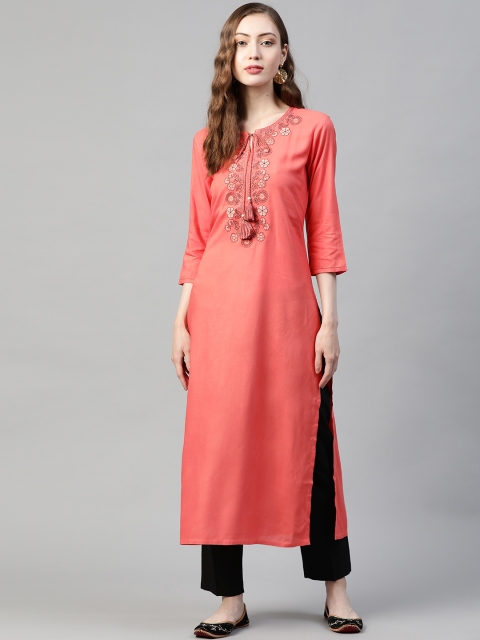 

PIROH Women Coral Pink Ethnic Motifs Yoke Design Tie-Up Neck Straight Kurta