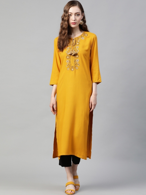 

PIROH Women Mustard Yellow Ethnic Motifs Yoke Design Tie-Up Neck Straight Kurta