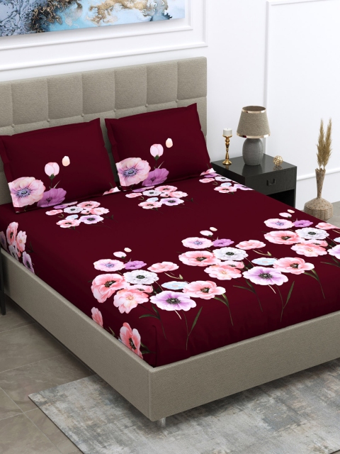 

DREAM WEAVERZ Burgundy & Pink Floral 240 TC Cotton King Bedsheet with 2 Pillow Covers