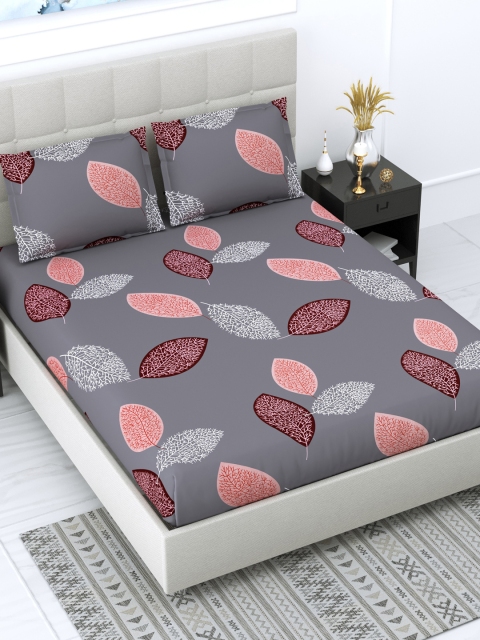 

DREAM WEAVERZ Grey & Maroon Floral 240 TC Cotton King Bedsheet with 2 Pillow Covers