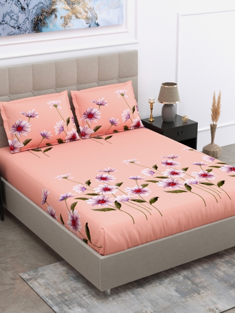 

DREAM WEAVERZ Pink & Off White Floral 240 TC King Bedsheet with 2 Pillow Covers