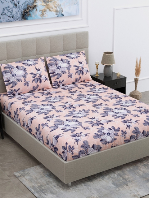 

DREAM WEAVERZ Peach-Coloured & Blue Floral King Bedsheet with 2 Pillow Covers
