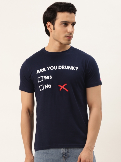

PRINTOCTOPUS Men Navy Blue & White Printed Pure Cotton T-shirt
