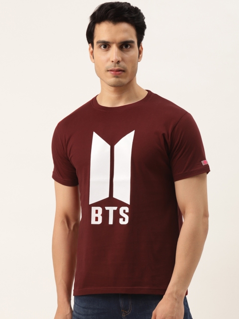 

PRINTOCTOPUS Men Burgundy & White BTS Kpop Printed Pure Cotton T-shirt