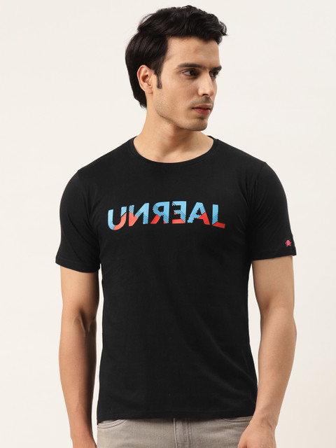 

PRINTOCTOPUS Men Black & Blue Printed Pure Cotton T-shirt