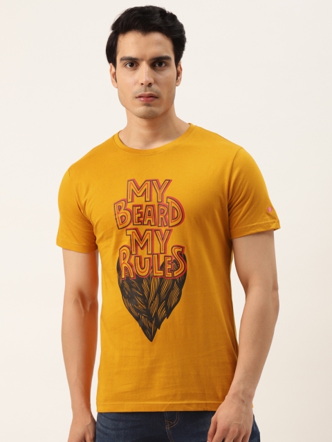

PRINTOCTOPUS Men Mustard Yellow & Red Printed Pure Cotton T-shirt