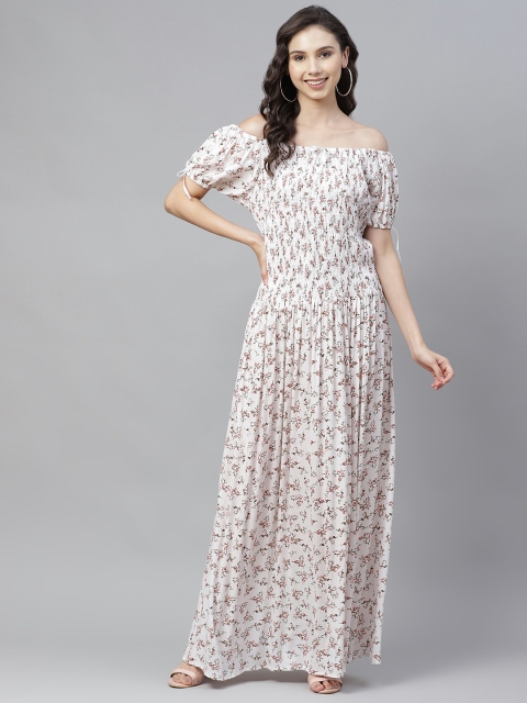 

Vemante Off White & Red Floral Printed Off-Shoulder Maxi Dress