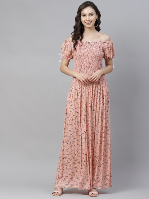 

Vemante Peach-Coloured & Green Floral Print Off-Shoulder Smocked Maxi Dress